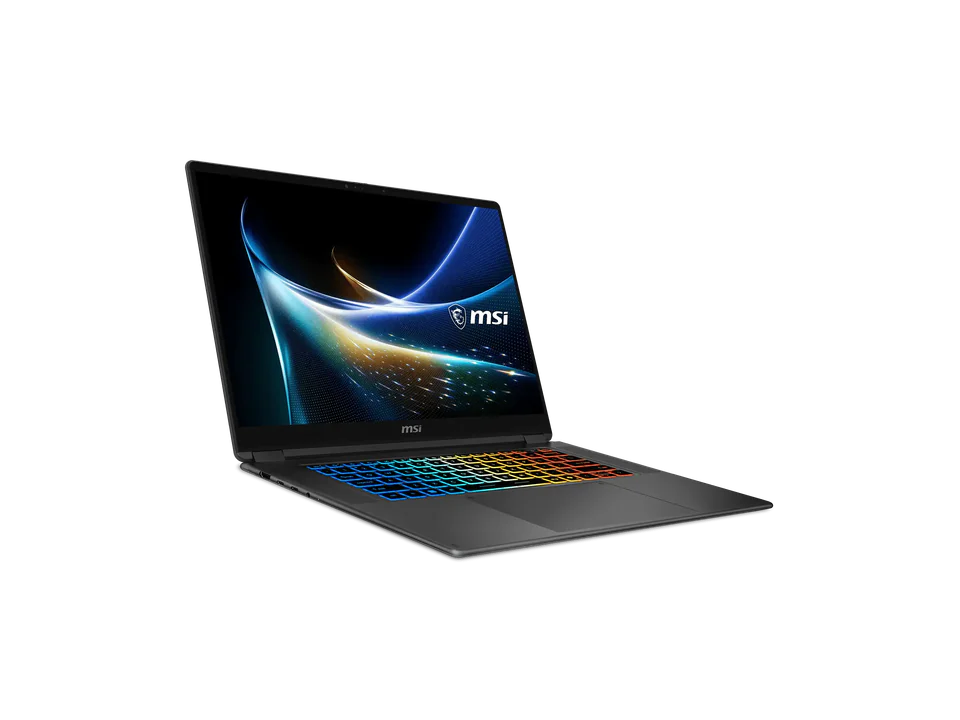PC portable MSI Prestige N16 Flip AI+ gris ouvert, vu de trois quarts ; l'écran montre une vague bleue et dorée et le logo MSI, clavier rétroéclairé en couleurs.