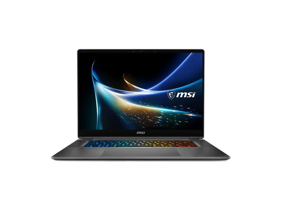 PC portable MSI Prestige N16 Flip AI+ gris ouvert, vu de face ; l'écran montre une vague bleue et dorée et le logo MSI, clavier rétroéclairé en couleurs.