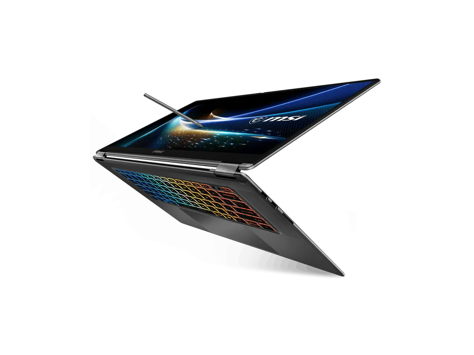 PC portable convertible MSI Prestige N16 Flip AI+ gris, l'écran rabattu vers l'arrière au-delà de la verticale, vu de côté par-dessous : clavier rétroéclairé en couleurs, stylet posé contre l'écran.