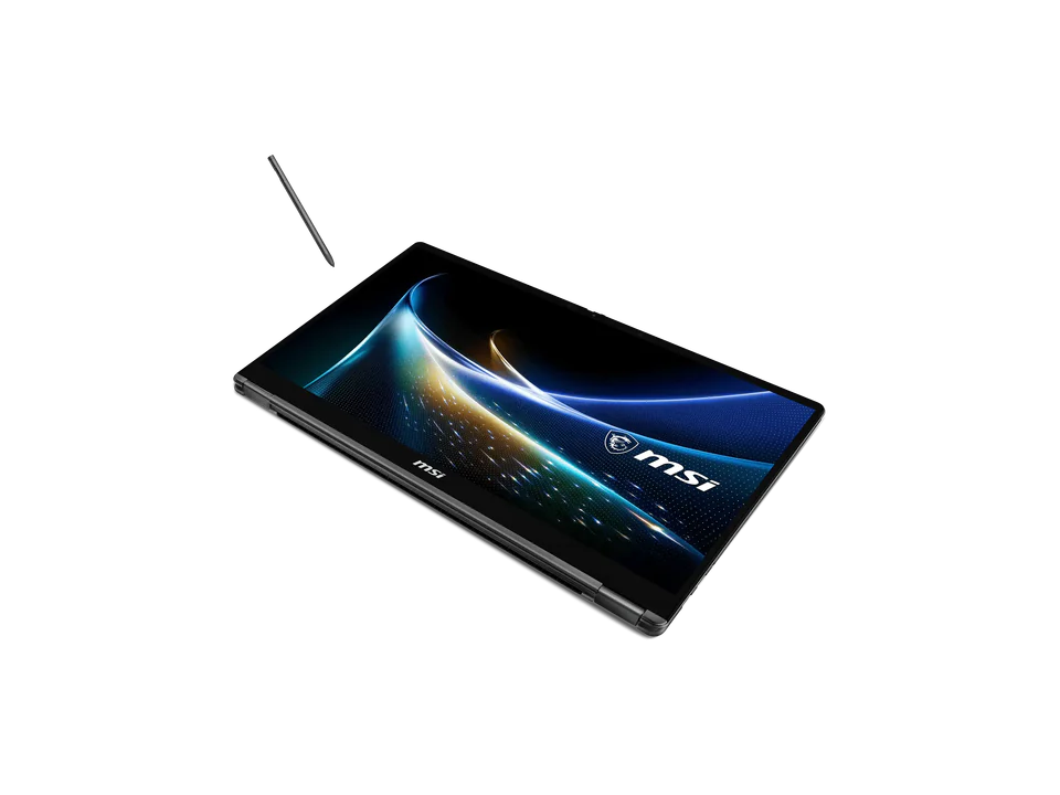 PC portable convertible MSI Prestige N16 Flip AI+ gris replié en tablette, écran vers le haut avec une vague bleue et dorée et le logo MSI, stylet au-dessus.