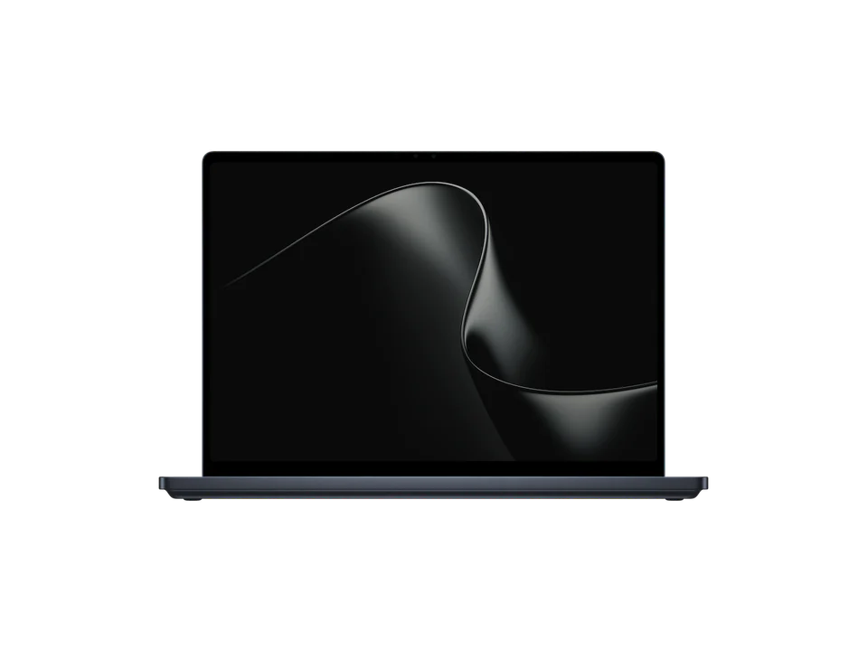 PC portable Microsoft Surface Laptop Ultra gris très foncé ouvert, vu de face ; l'écran noir montre un ruban sombre ondulé, la base fine est posée sur deux pieds.